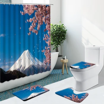 Em Estilo Japonês, O Monte Fuji De Flor De Cerejeira Chuveiro Cortina Do Sótão Pavilhão De Não-Deslizamento De Flanela Tapetes De Banheiro Capa De Conjunto De Banheiro Tapete De Casa De Banho