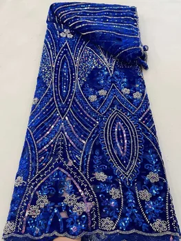 Azul Royal Lantejoulas Em Voile De Renda Africana Laço De Tecido De Alta Qualidade, Feito A Mão Frisada Nigeriano Francesa, Tule De Malha De Tecido De Renda Para Noivas