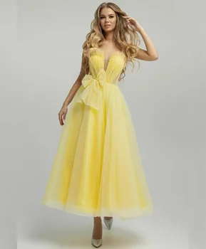 Elegante Curto Amarelo Querida Vestidos de Noite Com Arco, A Linha de Tulle Chá de Comprimento Vestido de Baile Abendkleider para as Mulheres