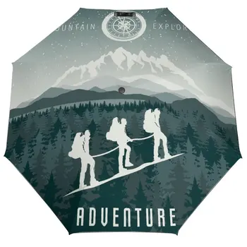 Montanha Exploradores Ilustração Permeável Automática de Dobramento Invertido Guarda-chuva Portátil Paraguas para Homem, Mulher