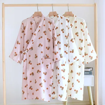 Verão Gaze de Algodão Quimono Manto Fino Japonês Roupão de Pijama de manga comprida Sono Tops Soltos Impressão roupas para Mulheres Sleepwear