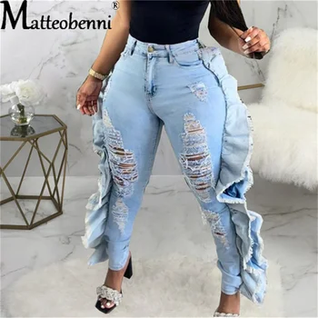 2021 Outono Mulheres Rasgado Buraco Do Lado Babados, Cintura Alta Jeans, Bolsos Com Zíper Elástico Magro Lápis De Jeans, Calças De Moda De Calças