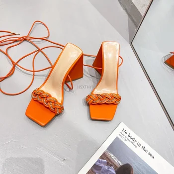 2022 Nova Moda de Verão de Design Tecer as Mulheres de Sandálias de Senhoras Sandálias de Dedo do pé Aberto Triângulo Grossos Sapatos de salto Laranja Verde