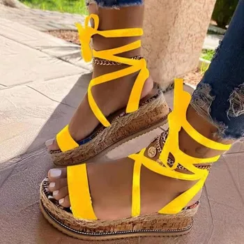 2022 Mulher Leopardo Gladiador Sandálias de Verão Cinta de Tornozelo, Calcanhar Cunha Cruz Amarrar Sapatos de Cânhamo Sapatos Sandálias das Mulheres
