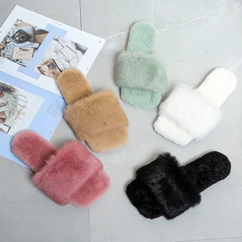 2021 Moda Inverno Mulheres Chinelos de Peles de Cor Sólida Slip-on Quente Chinelos Confortáveis Apartamentos do sexo Feminino Slides Casa Casual Sapatos