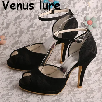 Vênus atrair Mulheres Sapatos de Salto Alto Verão Sandálias de Renda Preta com tira no Tornozelo