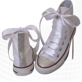 Alto branco-top sapatos de lona confortável e casual sapatos artesanais personalizados de pedra de strass de seda vulcanizada neutro sapatos 35-46