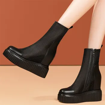 2022 Gladiator Sandals Mulheres De Couro Genuíno De Cunha Alta Calcanhar Ankle Boots Feminina De Alto Topo Do Dedo Do Pé Redondo Moda As Sapatilhas Casuais Sapatos