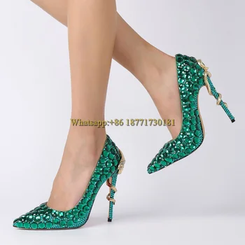 11cm de Diamante Serpentina de Enrolamento de Calcanhar Bombas de Moda, Verde, Azul, Apontou Toe Sapatos de Casamento Sapatos femininos de Salto Alto Sapatos de Noiva