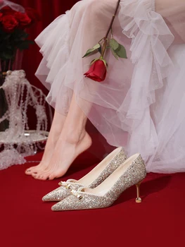 Cristal Sapatos de Casamento Sapatos de Vestido de Noiva 2021 Nova Noiva Sapatos Arco Saltos Altos para o dia a dia das Mulheres