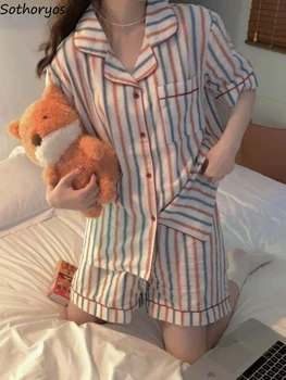 Pijama Conjuntos Mulheres Listrado Retro Pijamas Estilo coreano Doce de Concepção de base de Senhoras de Meia-luva Simples de Verão, Vire para baixo de Gola Aconchegante