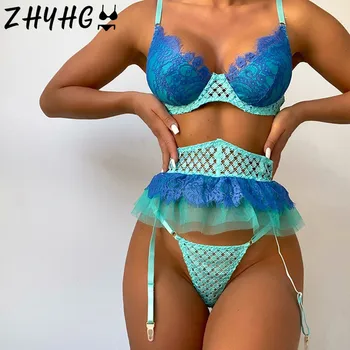 Sensual De Lingerie Mulher Rendas Bordados Cueca Push-Up Bra Erótica 3 Pequeno Pedaço De Cuidados Com A Pele Kits De Instalação Azul Senhoras