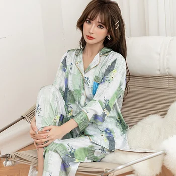2022 Nova Gelo Pijama de Seda para as Mulheres de Verão Lapela Pijamas Longos Definir Mulher 2 Peças de Lingerie Sexy para Mulheres em Casa Roupas Sleepwear