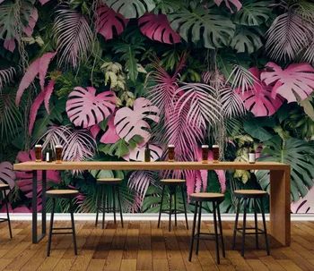 Baçal papel de parede Personalizado moderna a moda do papel de parede cor-de-rosa verde floresta tropical da folha da planta de plano de fundo do papel de parede