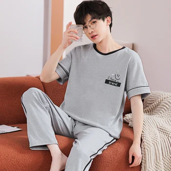 Homem coreano Conjunto de Pijama de Manga Curta de Suspensão Superior Calça comprida Loungewear de Algodão roupa de noite para o Menino de Lazer Mens Pijamas Moda Homesui