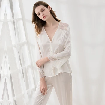 19mm de Seda do Pijama Conjunto de Mulheres de Verão Sexy Branco Pijamas de Seda de 100% Natrual de Tecido de Roupas de Alta Qualidade Frete Grátis