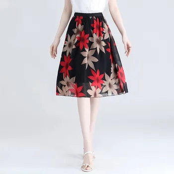 Verão Imprimir Chiffon Floral de Uma linha do Joelho-comprimento das Saias 2021 Mulheres do Vintage Elegante Elástico de Cintura Alta Mulher de Saia