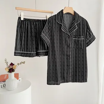 Pijama de Impressão Carta para Casa Roupas de Cetim Pijamas Com Calça de Lapela Faixa Camisola de Manga Curta Loungewear 2PCS de Lingerie