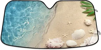 Sombra para o pára-brisa do Carro Estrela-do-mar de Verão, Praia de Areia Onda Dobrável, Protetor solar Sol de Calor e Proteção UV Interior Automotivo