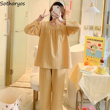Pijama Conjuntos Mulheres Xadrez Minimalista, Clássico, Retro Solta Casa Suave De Outono Coreano Estilo De Moda Casual Doce Sala De Vestir De Alunos