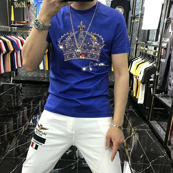 O Projeto coreano Homens Bonitos T-Shirt da Marca de Luxo Super Grande Coroa Quente Diamante de grandes dimensões Manga Curta Tamanho Plus Top