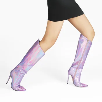 Arden Furtado 2021 Nova Moda de inverno apontou Cabeça de Rebite lado Brilhante Sexy Estiletes Zíper Saltos Joelho alto botas de senhoras