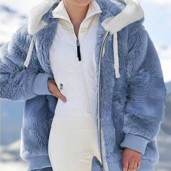 Mulheres Casaco de Inverno Casual Costura de Roupas Xadrez com Capuz Zíper Senhoras Moda Confortável, Quente-Jogo Cordeiro de Cabelo Casaco coreano
