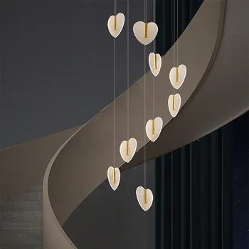 Escada Lustre em forma de Coração Longo Lustre Moderno e Minimalista Duplex de Construção de Ouro Criativo Escada em Espiral Lustre