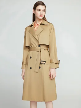 Double breasted blusão 2021 novo outono de médio e longo coreano altura do joelho, de algodão puro slim fit mulheres elegantes casaco