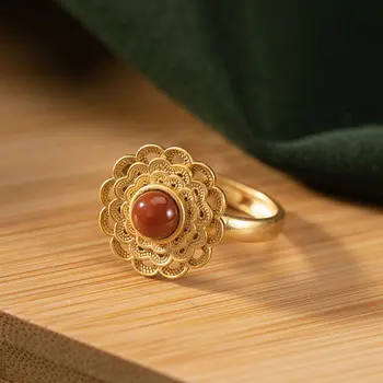 Design Original vermelho do sul esmalte de porcelana padrão geométrico aberto anel Chinês retro tribunal de estilo charme feminino de jóias de prata