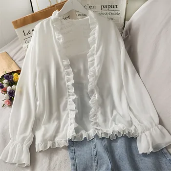 Camisa Branca De Verão Fina De Protetor Solar Shorts Outwear Mulheres De Manga Longa Casual Solta Blusa De Chiffon Outwear