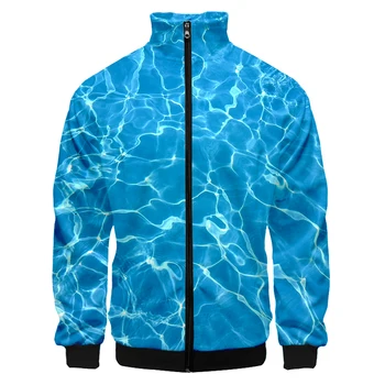 2021 Adolescente Zip Outwear Tops 3D Stand Colarinho Azul de Água de Alta Gola Homens Mulheres Unisex Zíper Jackets Homens de Jaqueta