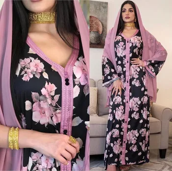 o ramadã índia mulheres muçulmanas vestido eid estampa floral abaya dubai árabe vestidos marroquino kaftan de vestuário islâmico manto 2022