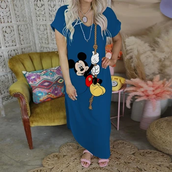 A moda Maxi Vestido de Minnie Mouse de Impressão Túnica com Decote em V Mickey Elegante Casual Vestidos das Mulheres para as Mulheres 2022 Saia Dividida Disney Festa