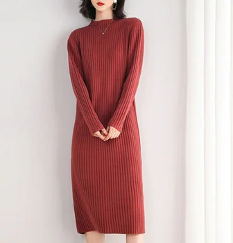 Novo de Alta Qualidade Vestido de Camisola para Mulheres Joelho-comprimento Sólido de Cor O-Pescoço Pulôver Grosso do Outono e Inverno Breve Vermelho Damasco
