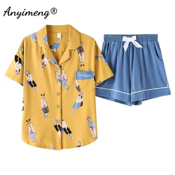 Nova Moda de Verão de Malha de Algodão das Mulheres Pijama Conjunto de Pijamas Plus Tamanho 4XL Vire para baixo de Gola Casaquinho de Dormir para Meninas