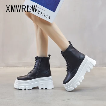 XMWRLW de Couro Genuíno Plataforma, Botas de Mulheres de Outono Sapatos 2021 Moda de Nova Sola Grossa Tornozelo Botas Para Mulheres de Salto Alto Sapatos de Inicialização