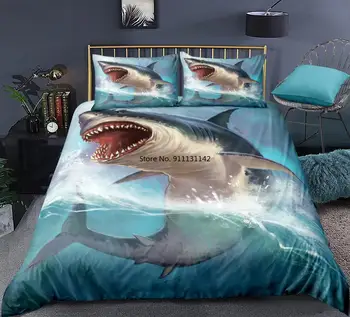 3D Shark Boy Conjunto de roupa de Cama Oceano Animal de capa de edredão conjunto Rainha Peixe Oceânico jogo de Cama Azul Shark Linha de Cama King Têxteis para o Lar