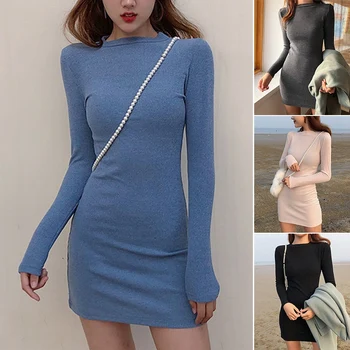 O coreano de Mulheres em torno do Pescoço Fino Suéter de Manga Longa Vestido de Malha Feminina Saco de Quadril da Base de dados de Joelho-Comprimento Vestido