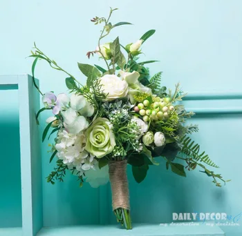 Tamanho grande ! flores artificiais de casamento nupcial mão segurando flores de grande buquê de casamento da noiva do Casamento de suprimentos verde branco de cor