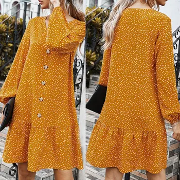 Quente Kf-Vintage de Bolinhas Vestido das Mulheres de Outono, o Decote em V Botão Amarelo Vestidos de Inverno de Manga Longa Elegante Vestido de Streetwear