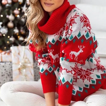 Natal 2022 Mulheres Gola Quente Engrossar Blusas Casual Manga Longa Elk Impressão Suave Malhas de Natal Olhar Suéteres Puxar Femme