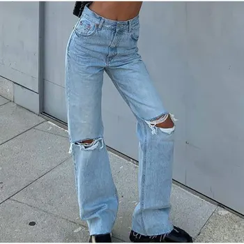 Cintura Alta Baggy Jeans Reta Mãe Streetwear Rasgado Buraco Angustiado Jeans Calças Vintage Mulheres Casual Borlas De Perna Larga Calças