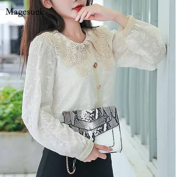 2020 Outono Nova Algodão de Renda Vintage Elegante das Mulheres de Blusa coreano Laço da Roupa Latern Manga Longa Slim Mulheres Camisas 11056