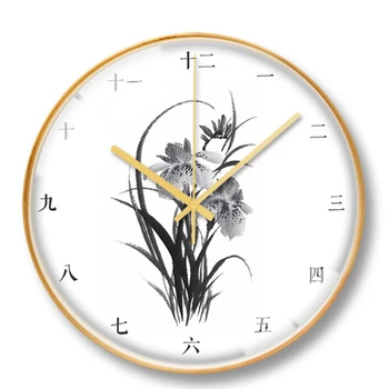 Pintura chinesa de Metal Relógio de Parede Vintage Retro Desenho Moderno Orquídea Metal Relógios de Parede Quarto Decoração de Casa de Suspensão Assistir timer