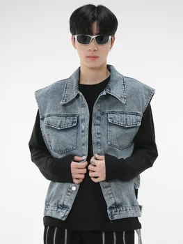 SYUHGFA vestuário masculino de 2023 Outono, Colete Jeans coreano Moda Streetwear Jaqueta Jeans sem Mangas Único Breasted Solta Causal Coletes