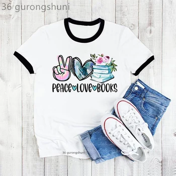 Arco-íris de Paz, Amor Livros Impressão Gráfica Camisetas Roupa de Mulher-Leopardo-de-Rosa Flores T-Shirt Femme Harajuku Kawaii T-Shirt