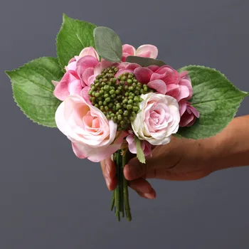 Simulação De Roxo Hortênsia Rosa Monte Falso Flor De Noiva Segurando O Buquê De Flor De Seda, Decoração Rosas Flores