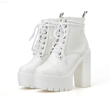 O branco do inverno botas de Plataforma de Salto Alto Tornozelo Botas para Mulheres Branca Preta Azul Bloco de Sapatos de Salto Punk Gótico de Combate Primavera Botas