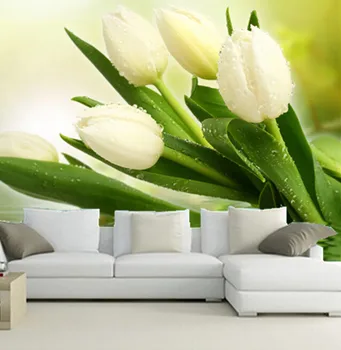 3D personalizado murais,bela e fresca em água do white tulip,sofá da sala de TV de parede papel de parede do quarto